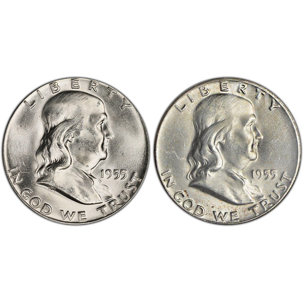 Side-by-side comparison of regular 1955 Franklin Half Dollar versus Bugs Bunny FS-401 variety showing the die clash spike at Franklin's upper lip