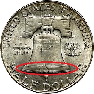 1955 Franklin Half Dollar Full Bell Lines close-up showing complete unbroken horizontal lines at base of Liberty Bell