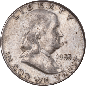1955 Franklin Half Dollar Clashed Die FS-403 variety showing ghost impression of reverse design on obverse fields