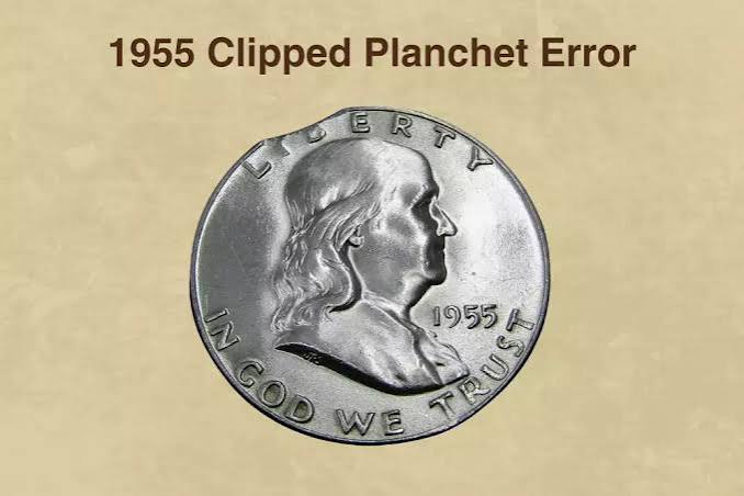 1955 Franklin Half Dollar curved clip planchet error showing crescent-shaped missing section at coin edge