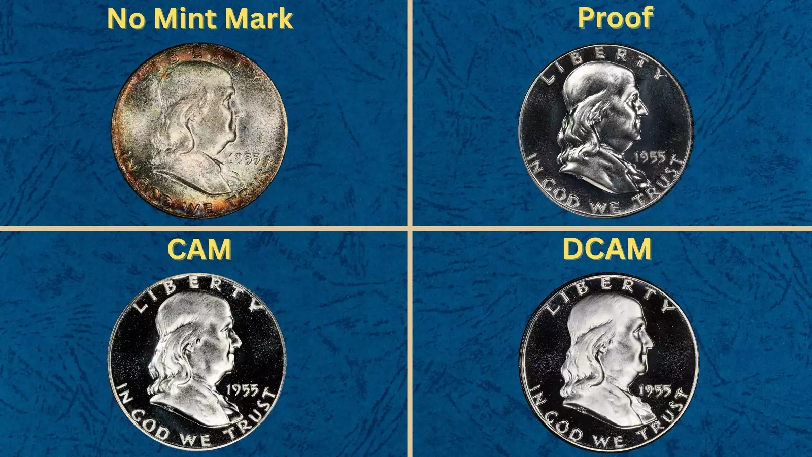 Group of 1955 Franklin Half Dollars showing different grades from circulated to uncirculated, Philadelphia Mint production