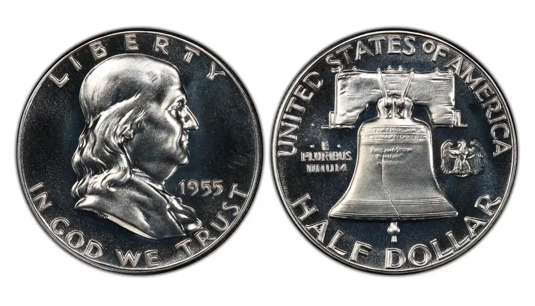 1955 Franklin Half Dollar grading strip showing four condition states: Good, Very Fine, About Uncirculated, and Mint State